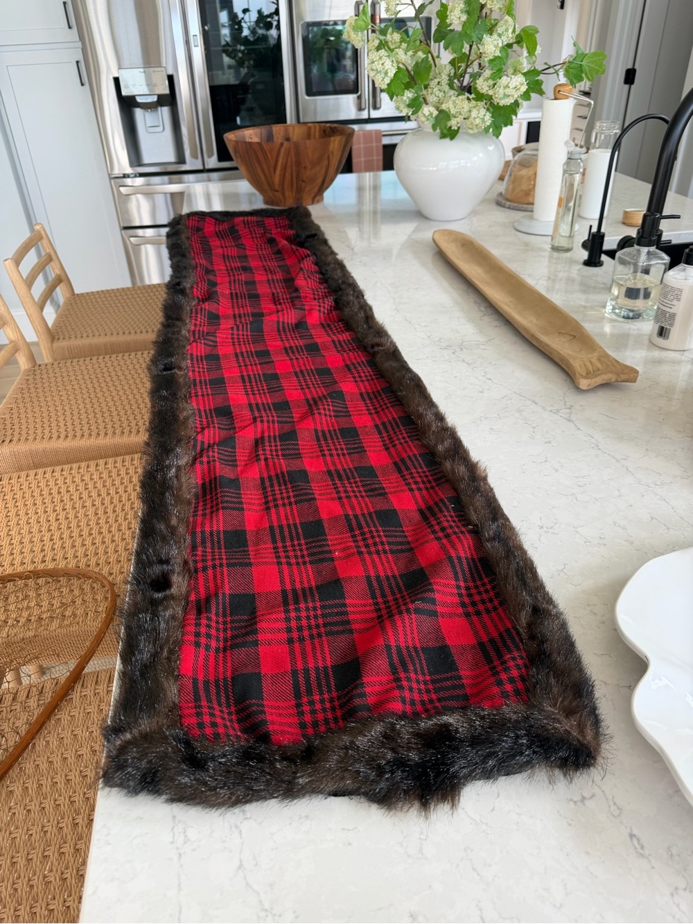 Plaid Red Faux Fur-Trim Table Runner - Home Accents